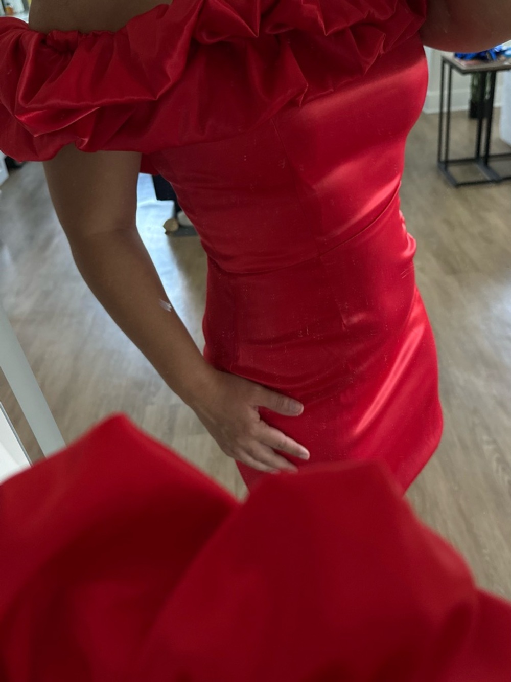 Stunning Vibrant Red Satin Ruffle Mini Dress